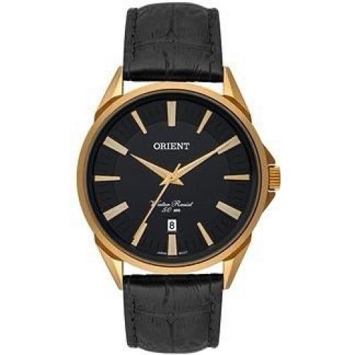 RELOGIO ORIENT MASCULINO DOURADO PULSEIRA DE COURO E MOSTRADOR PRETO